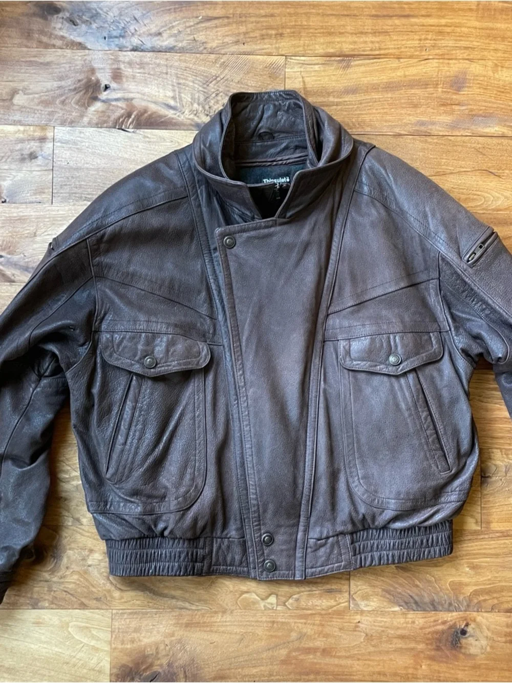 Wilsons Vintage Brown Leather Bomber Jacket with Funnel Neck Detail size XL